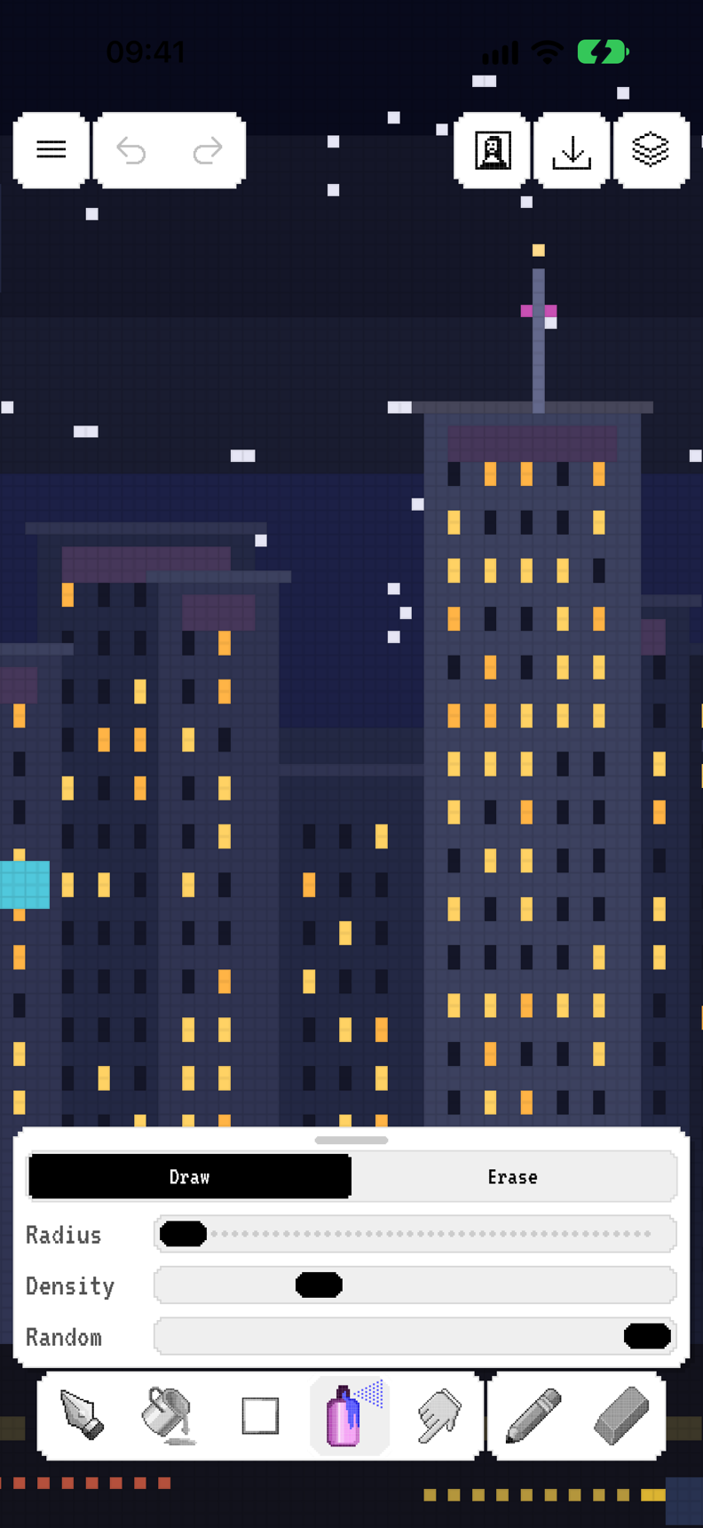 Zoomed cityscape with scatter brush options open